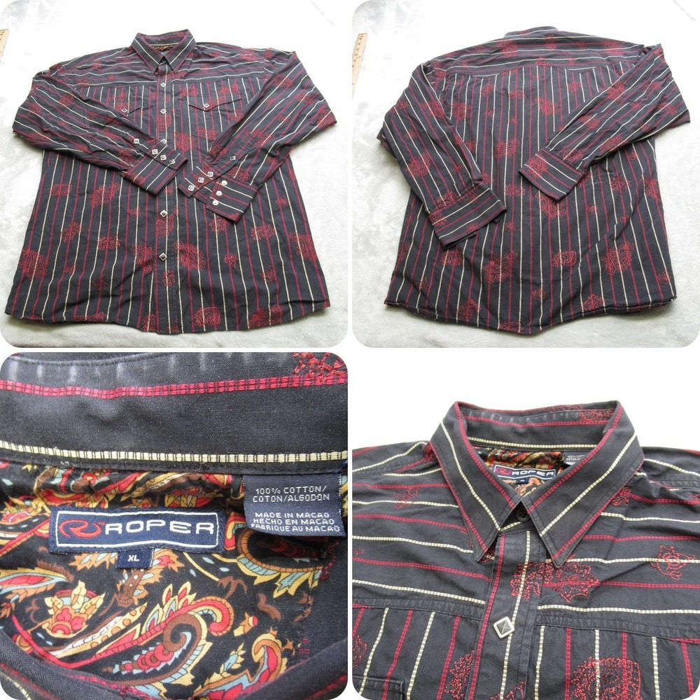 Roper Snap Shirt Mens XL Black Red Striped Cotton Embroidered Long Sleeve VTG‎